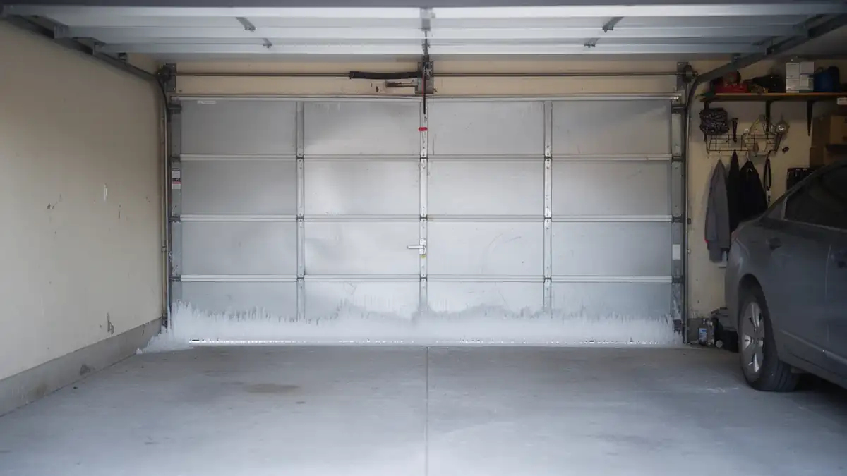The garage door has ice and icicles along the bottom.