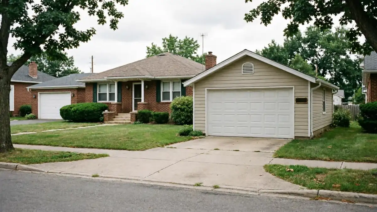 A detached garage with a white panel door stands in front of a brick house.