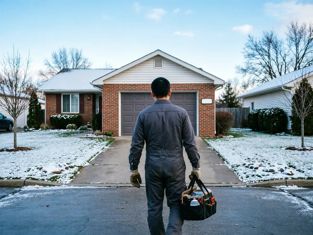 A technician carries a toolbox toward a brick house with a gray garage door.