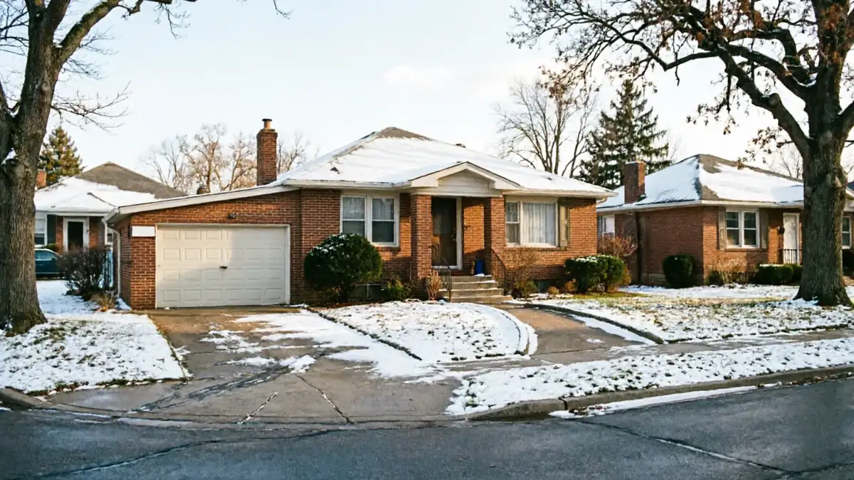 A brick house with a white garage door and snow on the roof and ground.