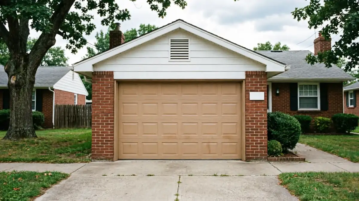 A tan garage door is on a brick house with a white gable.