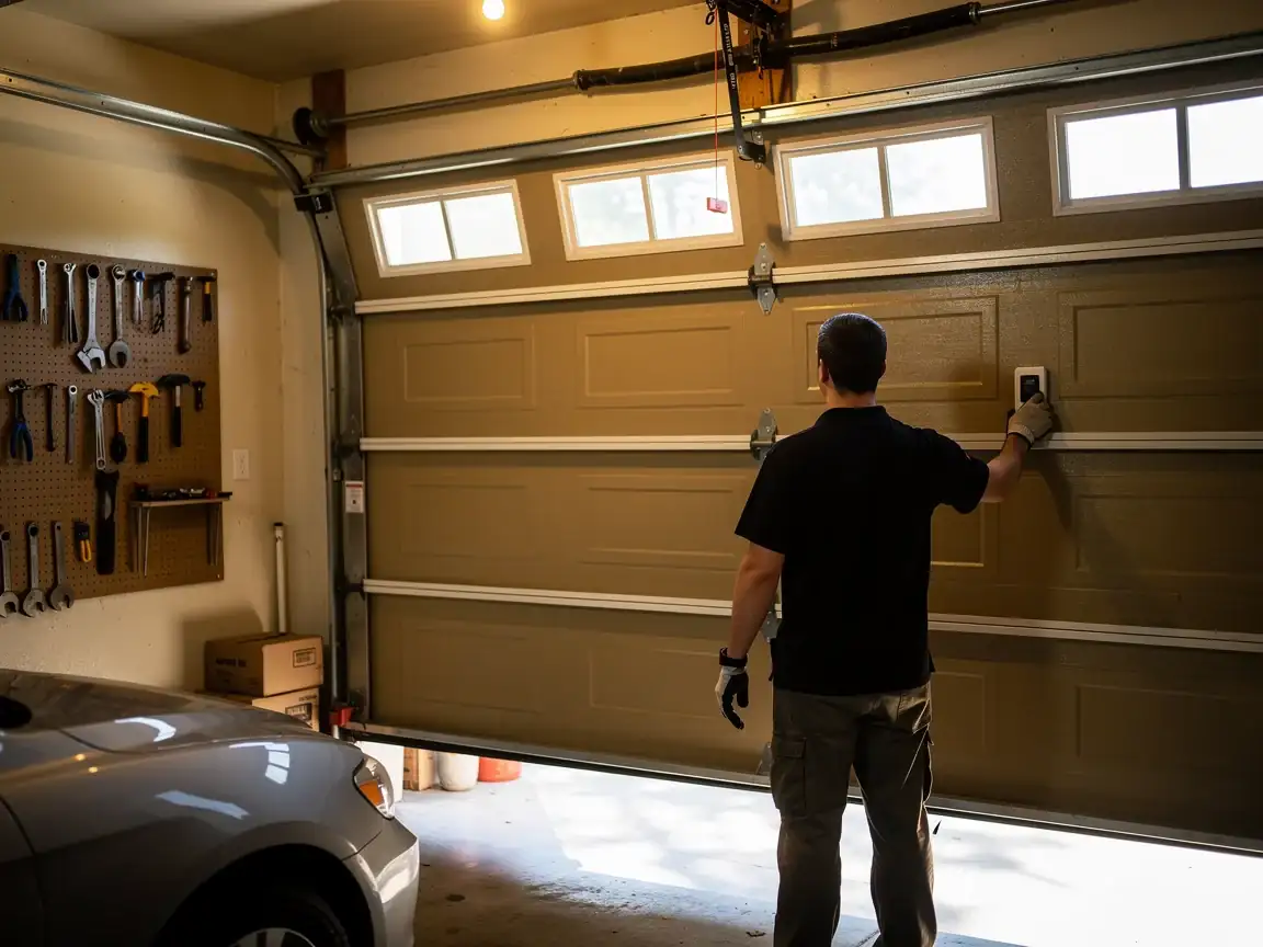 A technician in gloves operates a tan garage door with windows.