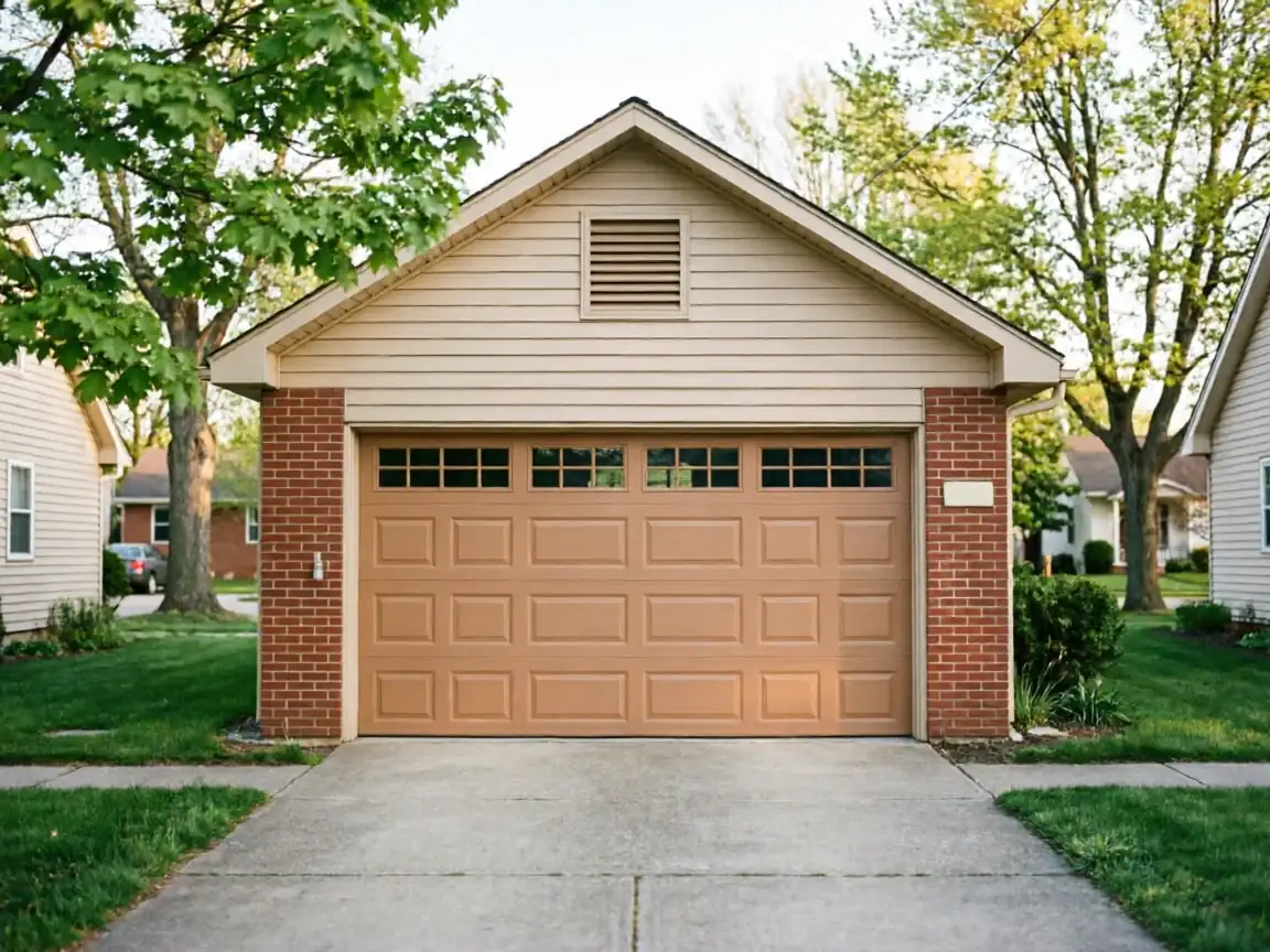 A brown garage door with windows is on a house with tan siding and brick.