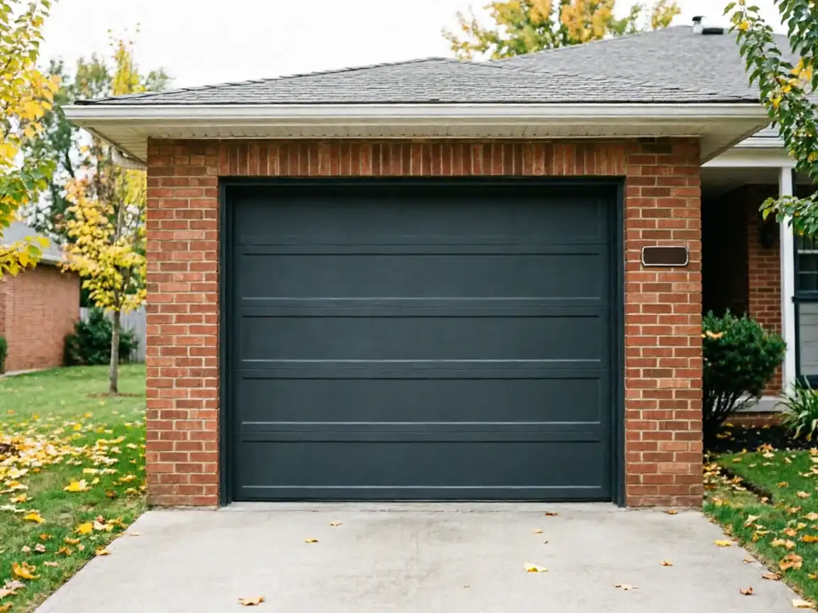The house has a dark gray garage door and red brick walls.