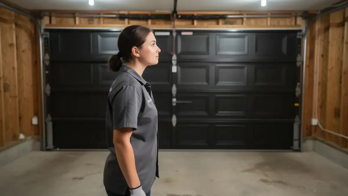 A technician in a gray shirt stands in a garage with a black door.