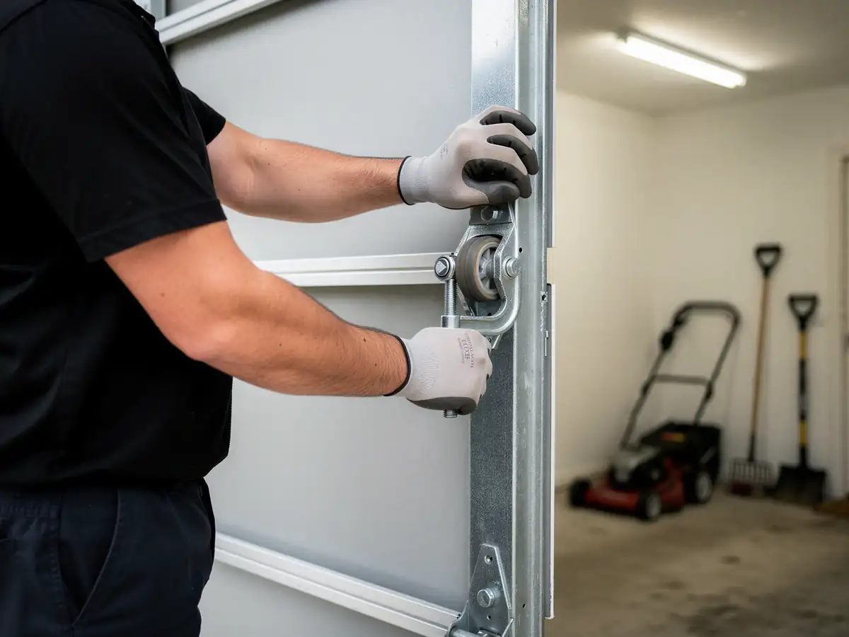 A technician wearing gloves adjusts a garage door roller on a track.