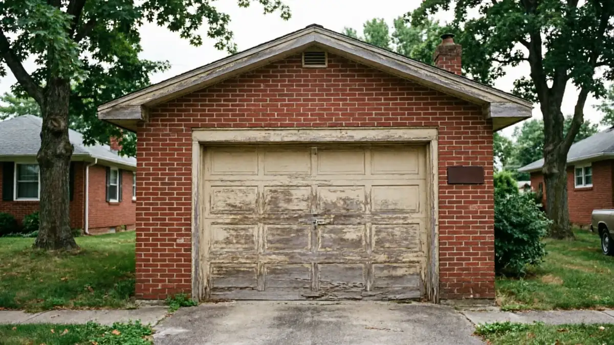 The old garage door on a brick garage has peeling paint and a padlock.